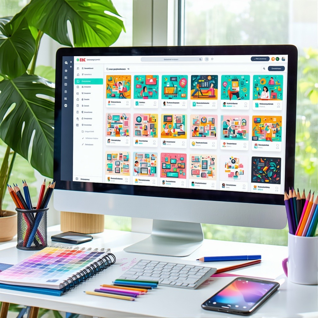 The image features a sleek modern workspace with a large computer screen displaying a vibrant graphic design interface The screen shows a colorful array of templates for social media posts and marketing materials with a userfriendly draganddrop layou