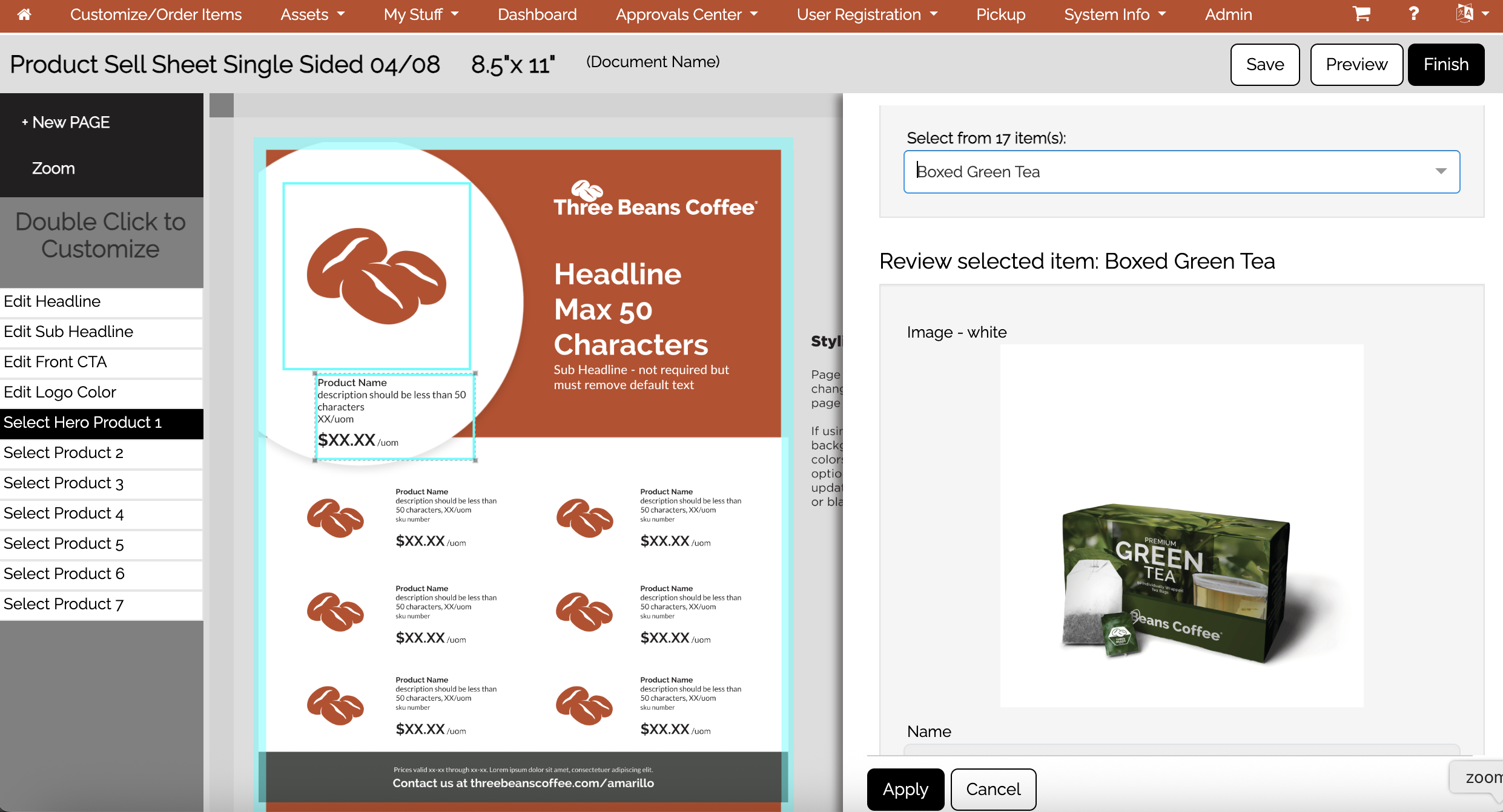 Example of a template that end users can make a variety of selections with, but they can't directly edit the content.